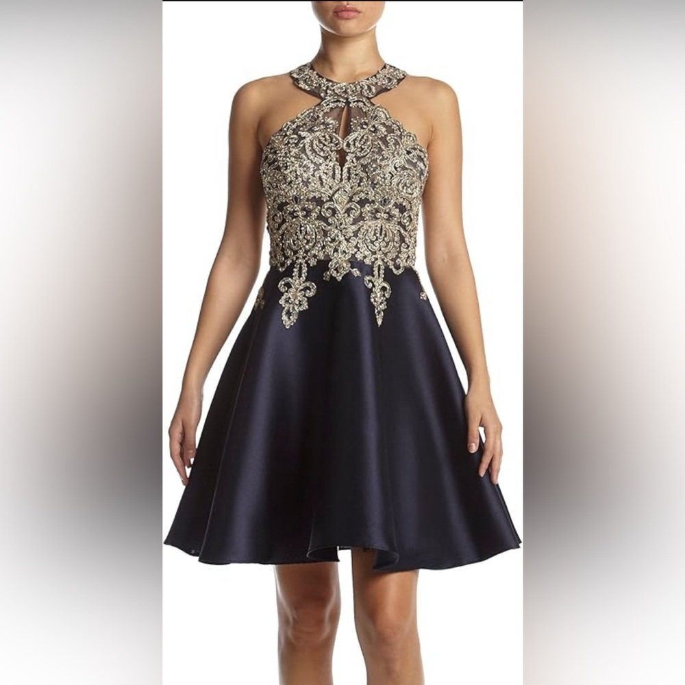 Xscape Navy Blue with Gold Embellishment Homecoming Dress Sz 10